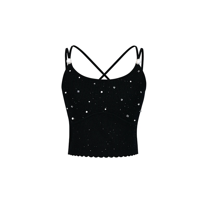 LE FAME/拉飞姆无袖钉珠点缀双肩带紧身针织吊带上衣时尚