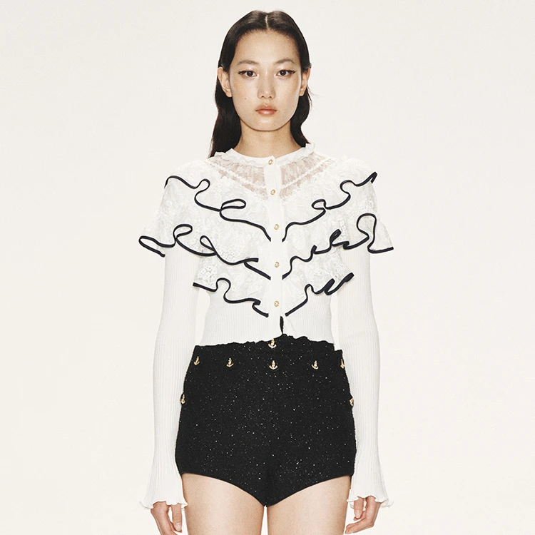 LE FAME/拉飞姆波浪边花纹珍珠针织长袖针织衫秋季