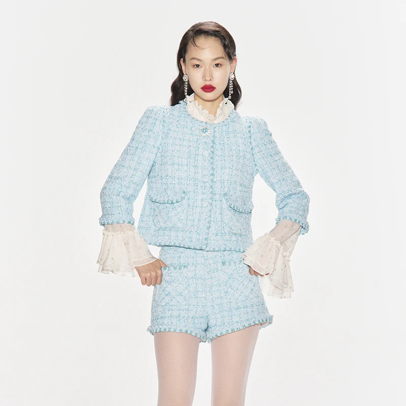 LE FAME/拉飞姆2024年秋季新品复古立体闪葱织带装饰粗花呢外套