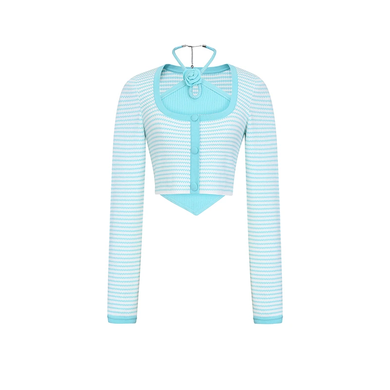 LE FAME/拉飞姆烫钻立体毛织玫瑰针织两件套