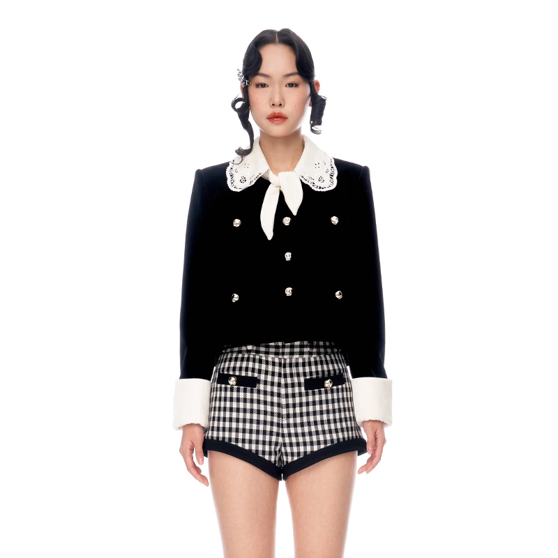 LE FAME/拉飞姆华丽复古名媛绣花钉珠黑色丝绒上衣