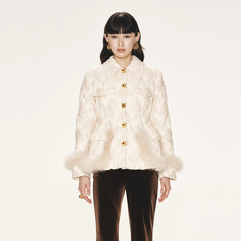 LE FAME/拉飞姆巴洛克宫廷风雪尼尔蕾丝羽绒服外套