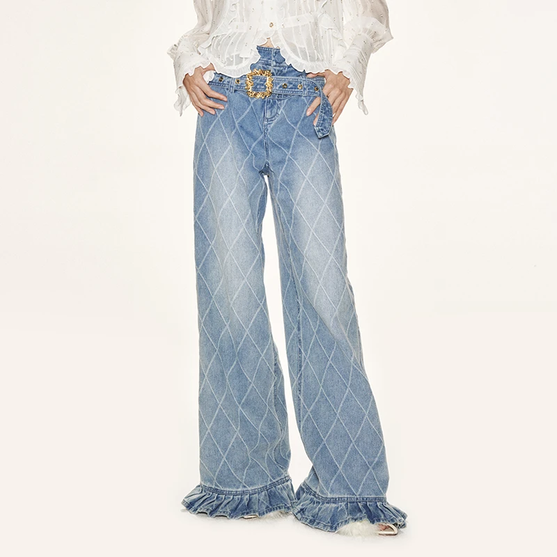 LEFAME/拉飞姆双腰头高腰水洗宽松牛仔裤直筒百搭气质牛仔裤复古