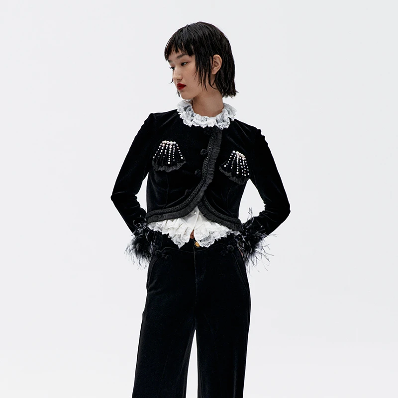 【明星同款】LE FAME/拉飞姆冬季千金小香风拼接丝绒外套女