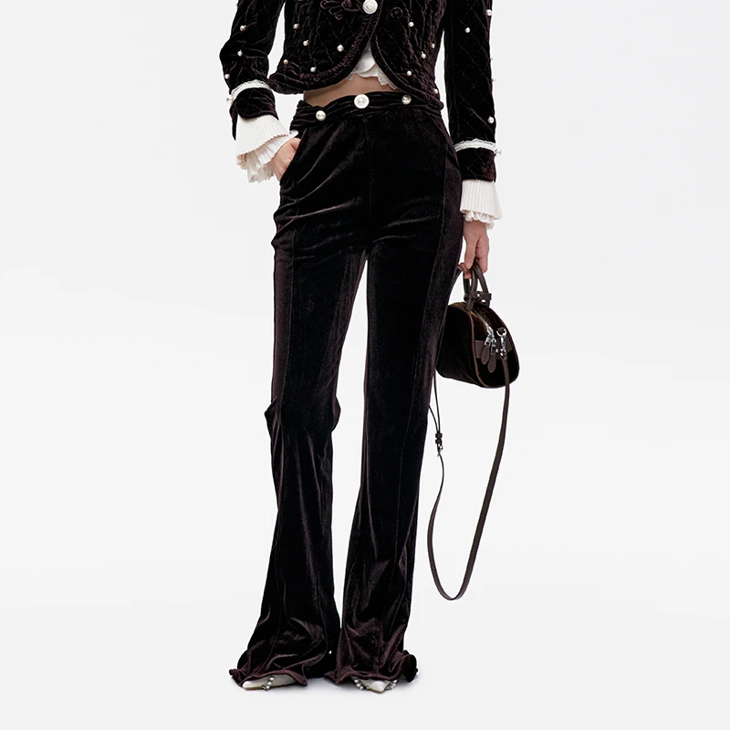 LE FAME/拉飞姆冬季棕色高腰修身垂感丝绒喇叭长裤