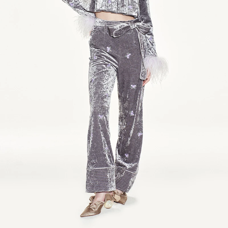 【明星同款】LE FAME/拉飞姆宽腰带刺绣小花直筒H型丝绒九分裤