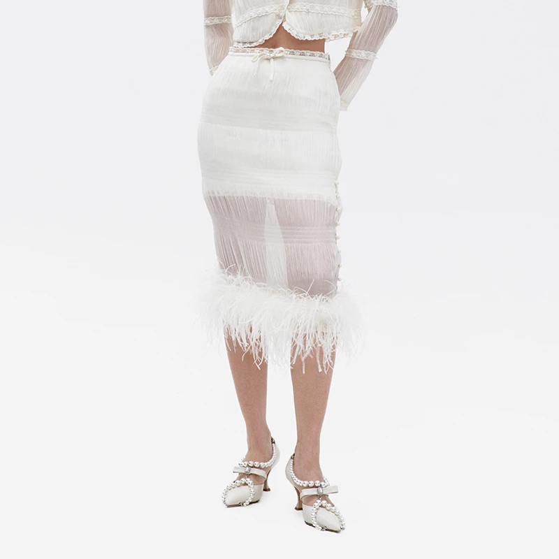 LE FAME/拉飞姆冬季新品褶皱肌理感薄透欧根纱直身一步裙