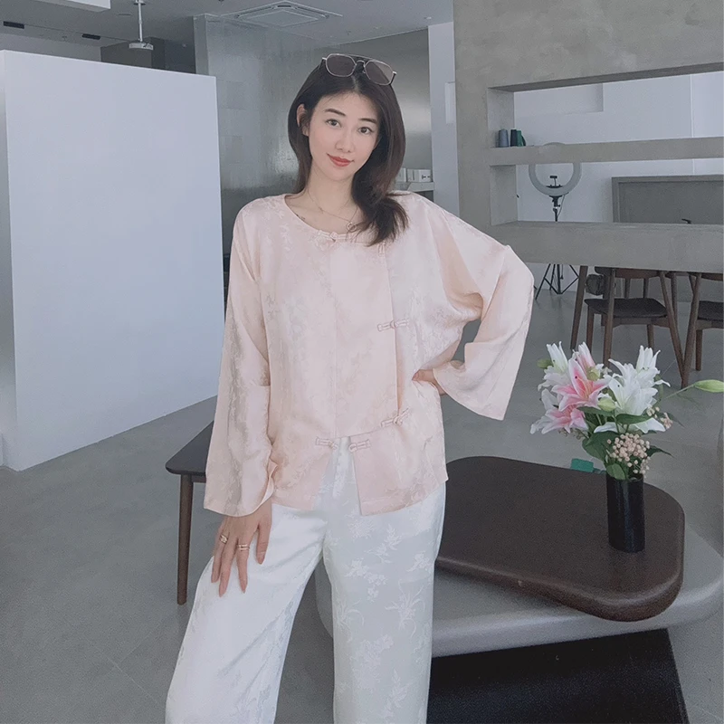 新中式夏季长袖宽松圆领提花百搭国风上衣女