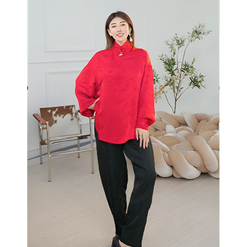 福洱新中式提花阔腿裤女时尚双口袋高腰萝卜裤宽松九分裤.5Y04090