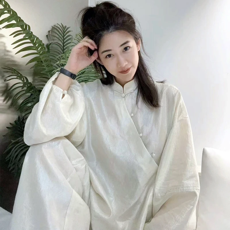 福洱【爱酱紫琼】时尚新中式醋酸衬衫女中国风立领紫色上衣5Y02100