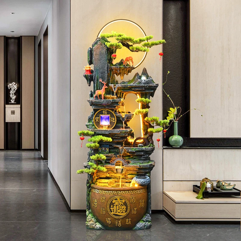 中式客厅假山流水喷泉景观鱼缸生财水景落地流水生财摆件循环水