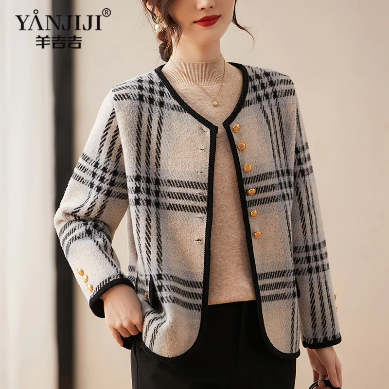 小香风时尚春装外套格子大码2025新款40岁中老年宽松短款针织开衫