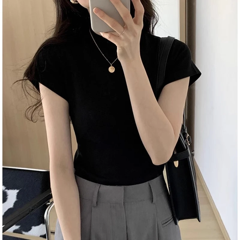黑色复古正肩短袖t恤女圆领夏季高级感内搭打底修身显瘦螺纹上衣