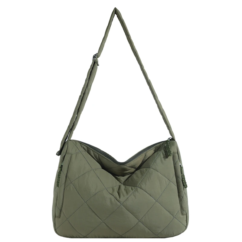 新款菱格纹绗缝大容量单肩斜挎包女休闲轻便褶皱时尚通勤托特包