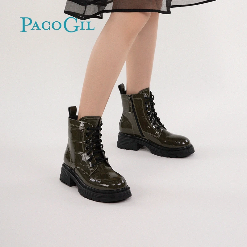 PACO GIL靴子女复古漆皮系带马丁靴英伦风爆款小短靴XPB52074