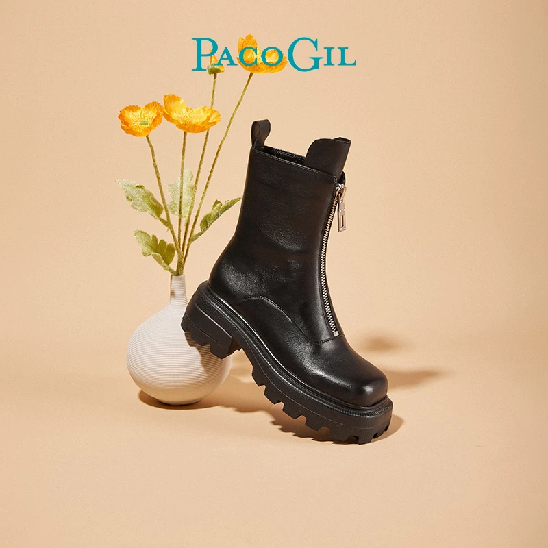 PACOGIL马丁靴子女秋冬新款高级感小短靴潮复古切尔西单靴P22D031