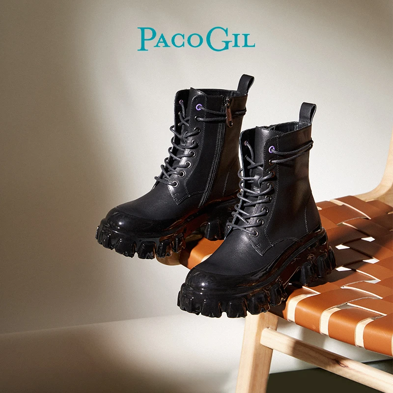 PACO GIL厚底马丁靴欧美风圆头粗跟显瘦短筒系带短靴子XPB52054