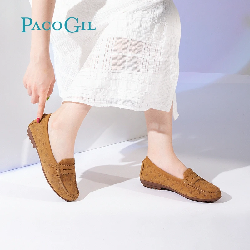 PACOGIL新款牛皮压花一脚蹬软底开车鞋乐福单鞋女豆豆鞋XPC31170