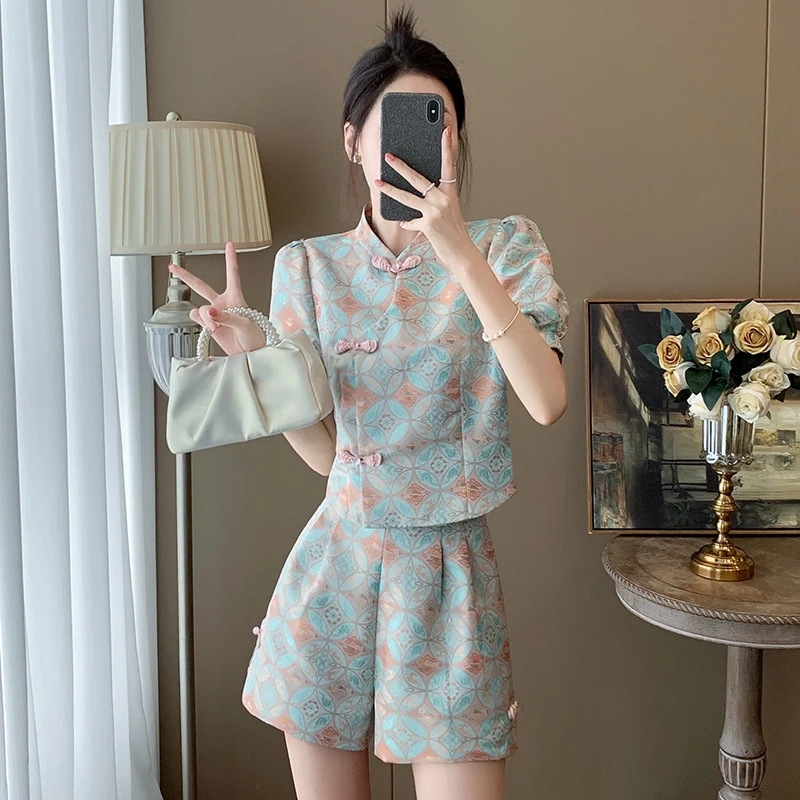 夏季小香风碎花显瘦气质小个子短袖时尚复古法式阔腿减龄两件套裤