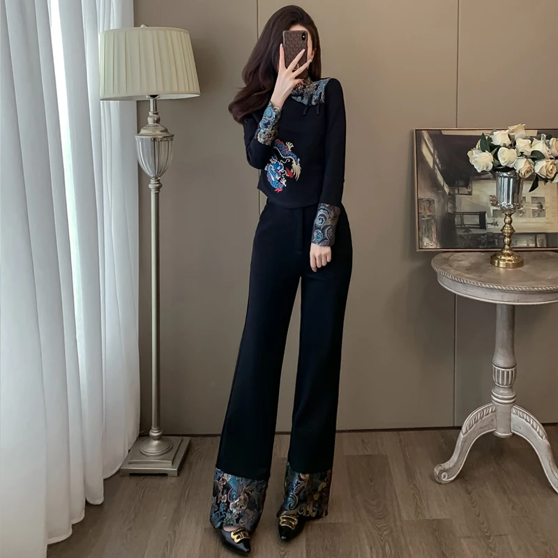 新中式国风气质套装女春季新款时尚洋气刺绣上衣唐装阔腿裤两件套