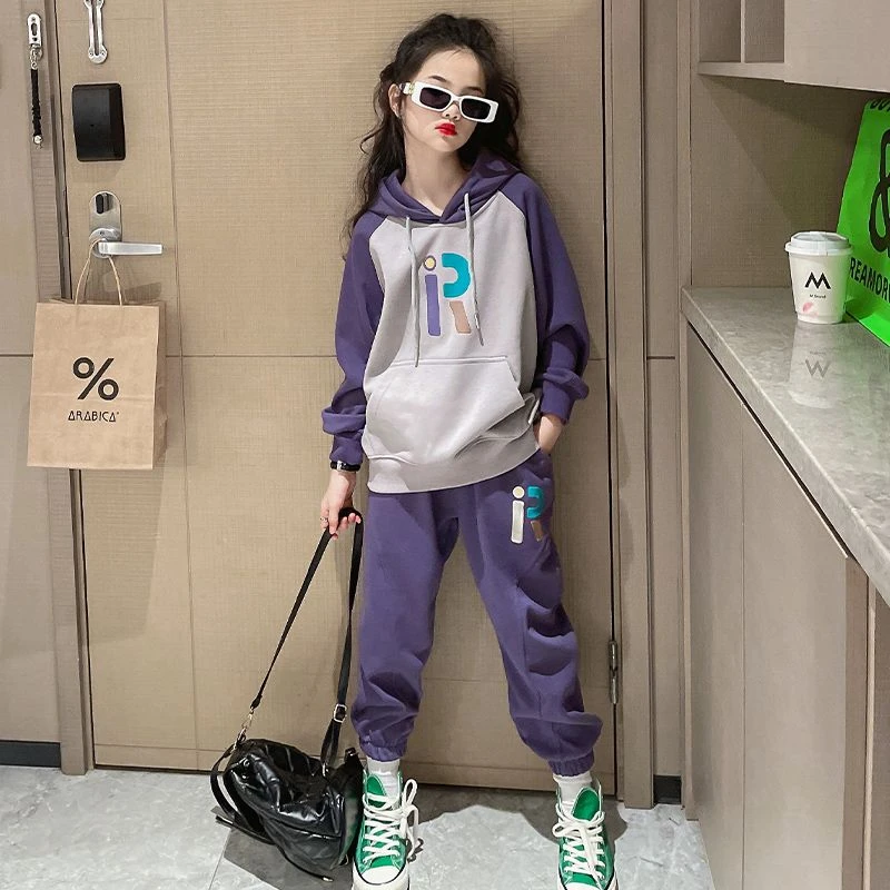 女童2023秋季韩版套装中大童连帽卫衣两件套女童外套运动洋气亲子