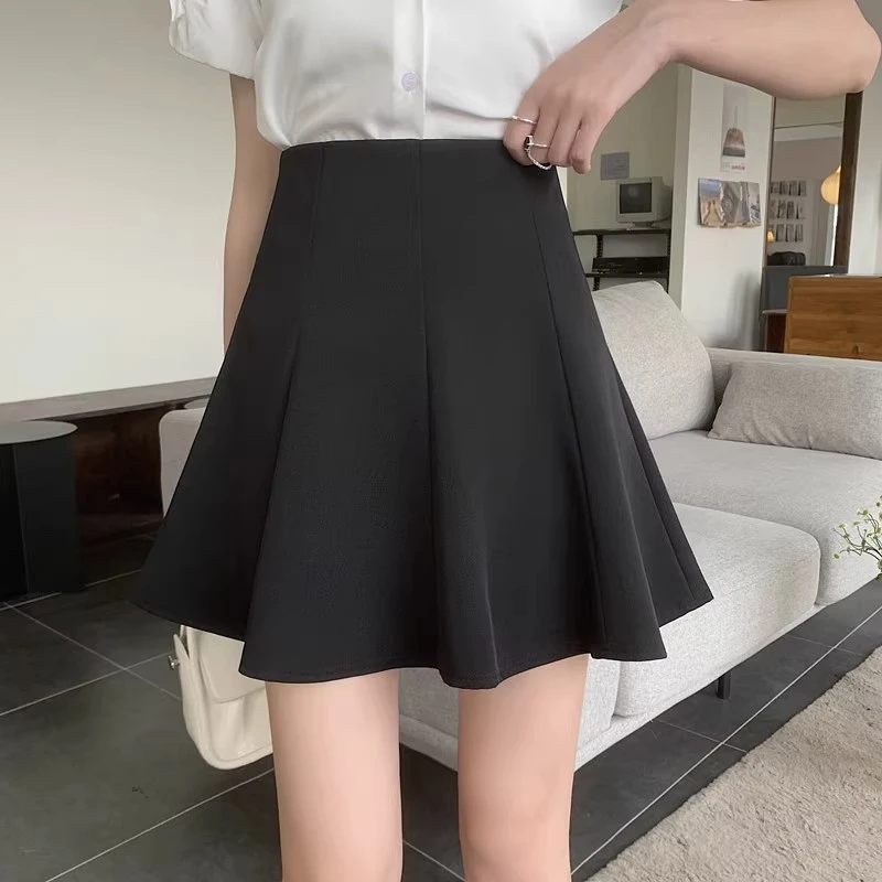 2024女a字伞裙百褶学院风半身裙胖mm防走光遮胯小个子黑色短裙子