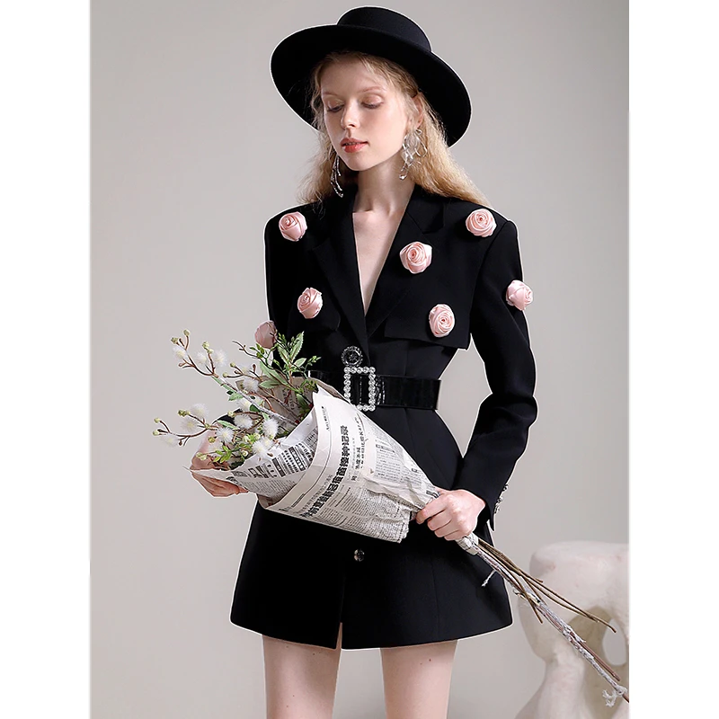 茬客气质修身连衣裙设计感小众黑色立体长袖玫瑰西装外套MM490183