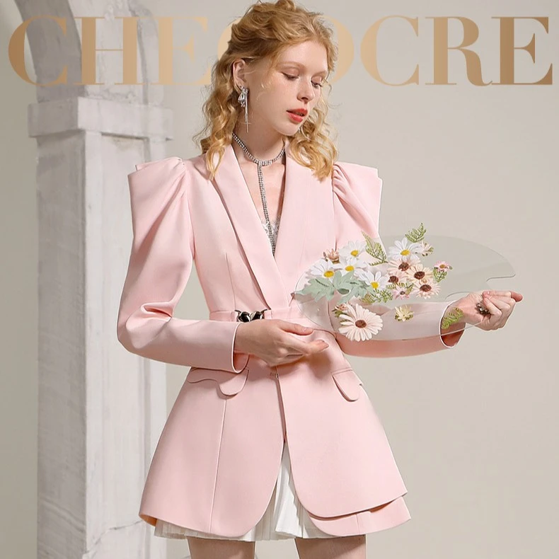 茬客甜美风粉色西装外套爱心气质感收腰泡泡袖V领上衣CM610001