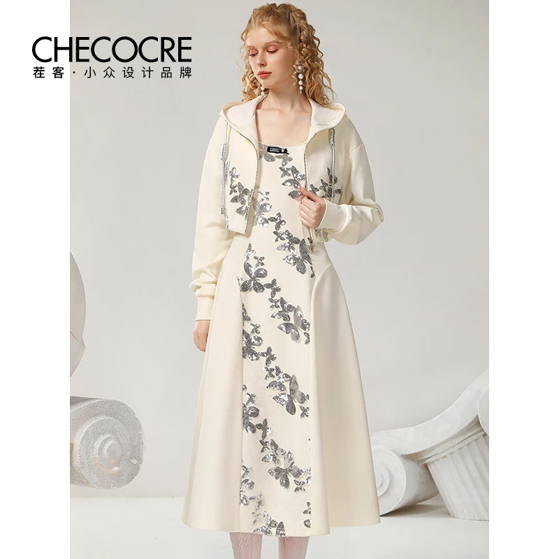 茬客休闲卫衣套装裙2024年秋季新款珠片蝴蝶外套背心裙女CM490601