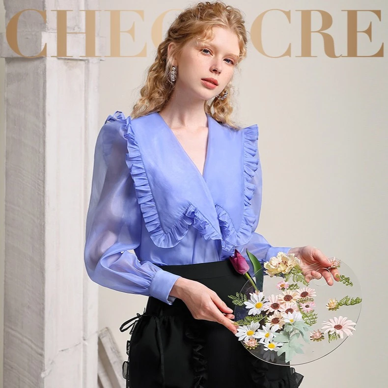 茬客套装裙女木耳边V领蓝色上衣系带口袋设计感半裙CM700138AB