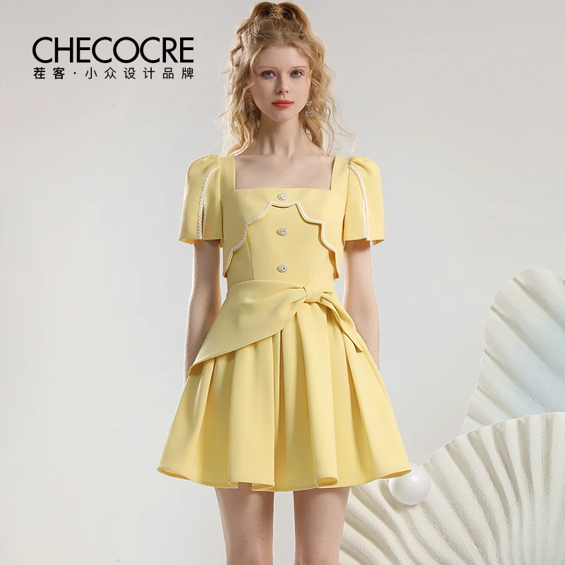 茬客温柔连衣裙夏新款蝴蝶结减龄泡泡袖显白甜美方领短裙CM610093