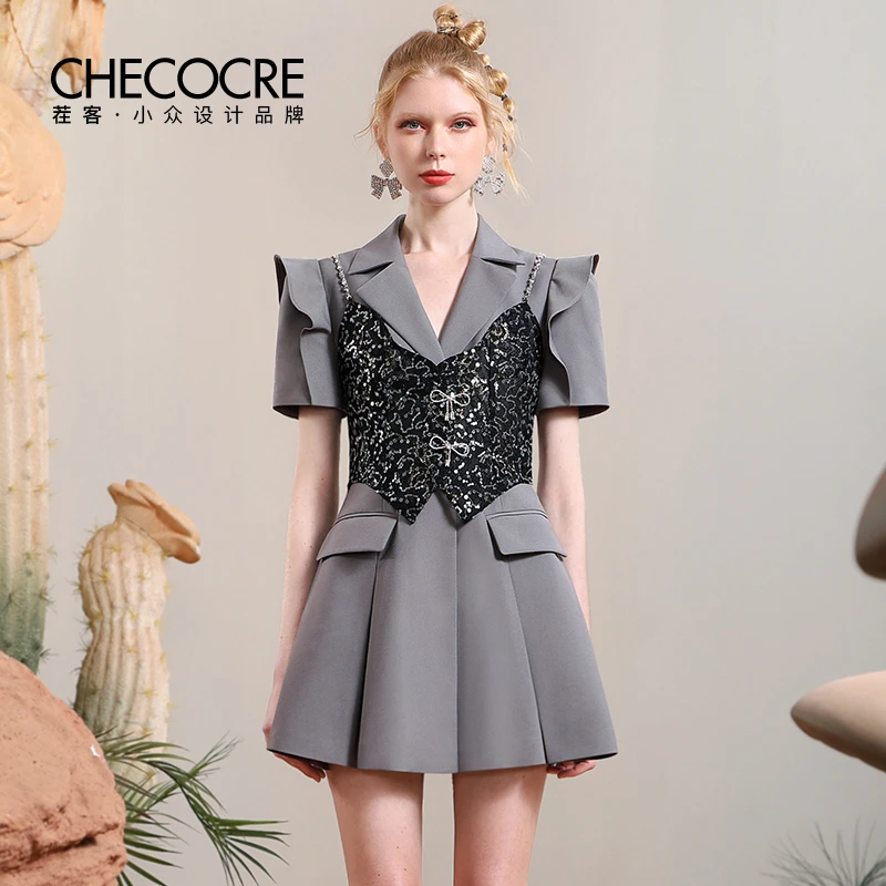 茬客轻熟气质西装裙蕾丝吊带时尚简约灰色连衣裙两件套CM10187AC