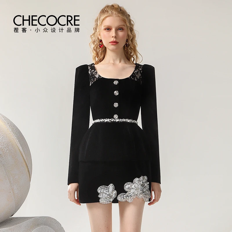 茬客优雅轻熟风连衣裙立体钉珠刺绣假两件拱形裙摆短裙CM490602