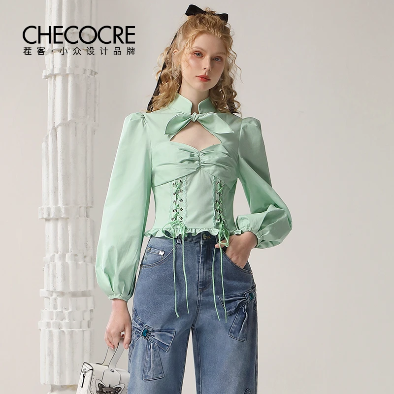 茬客少女感通勤衬衫新中式国风镂空设计短款绑带上衣CM490573A