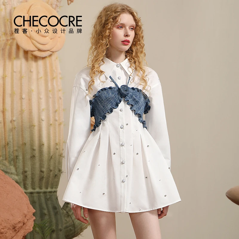 茬客白色衬衫裙女牛仔挂脖抹胸背心洋气时尚宽松连衣裙CM31002AC