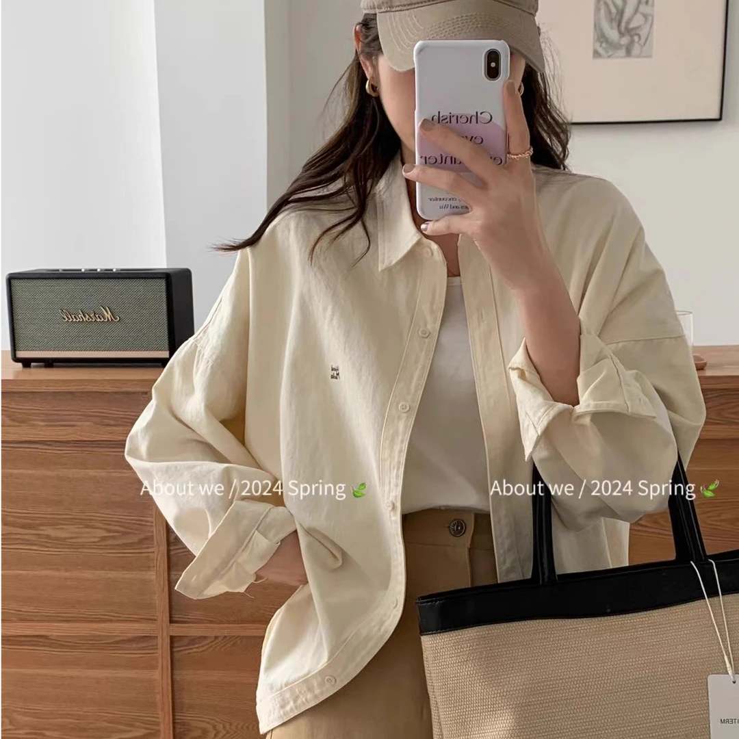 【杭州意法好货】衬衫女秋新款韩版宽松显瘦字母刺绣水洗棉衬衣外套