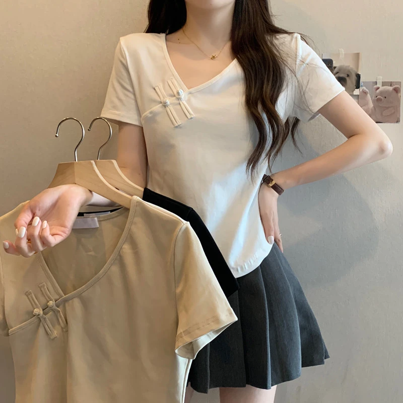 大码夏季女装胖mm设计感斜V领不规则洋气气质上衣百搭显瘦短袖T桖