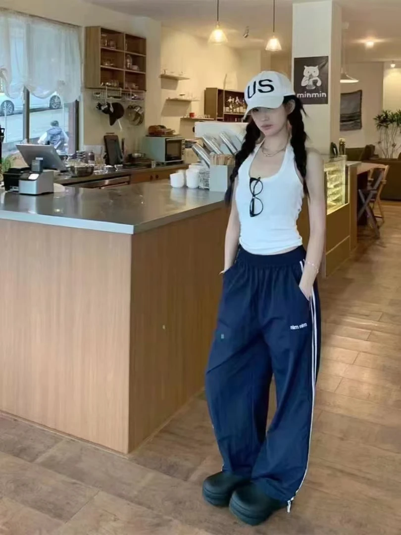 工装阔腿裤女宽松春秋高腰休闲美式条纹运动裤子