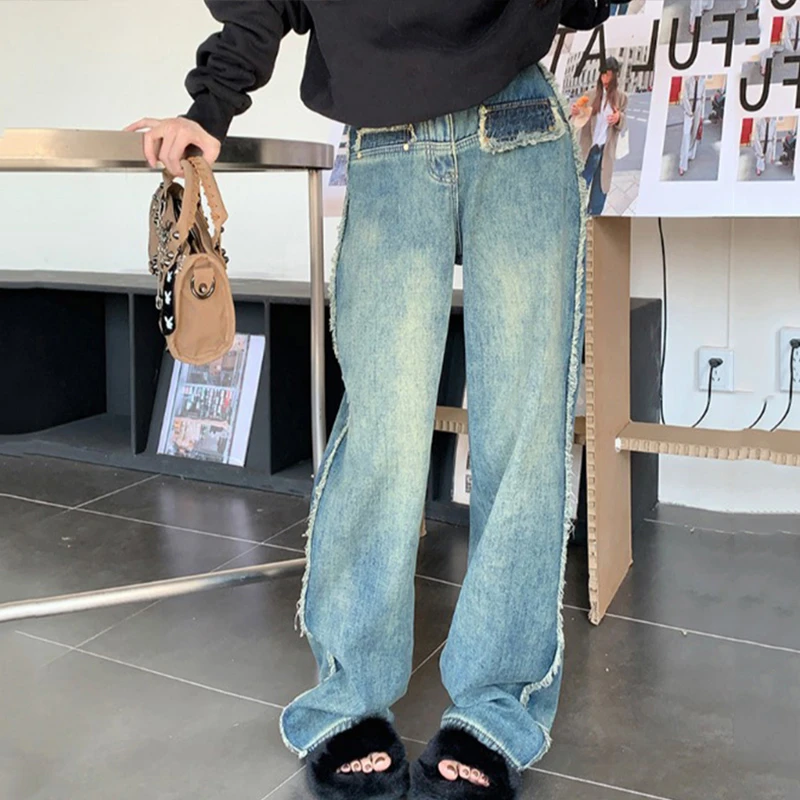 韩国直筒女童裤子春秋新款女大童宽松洋气牛仔阔腿裤儿童直筒裤