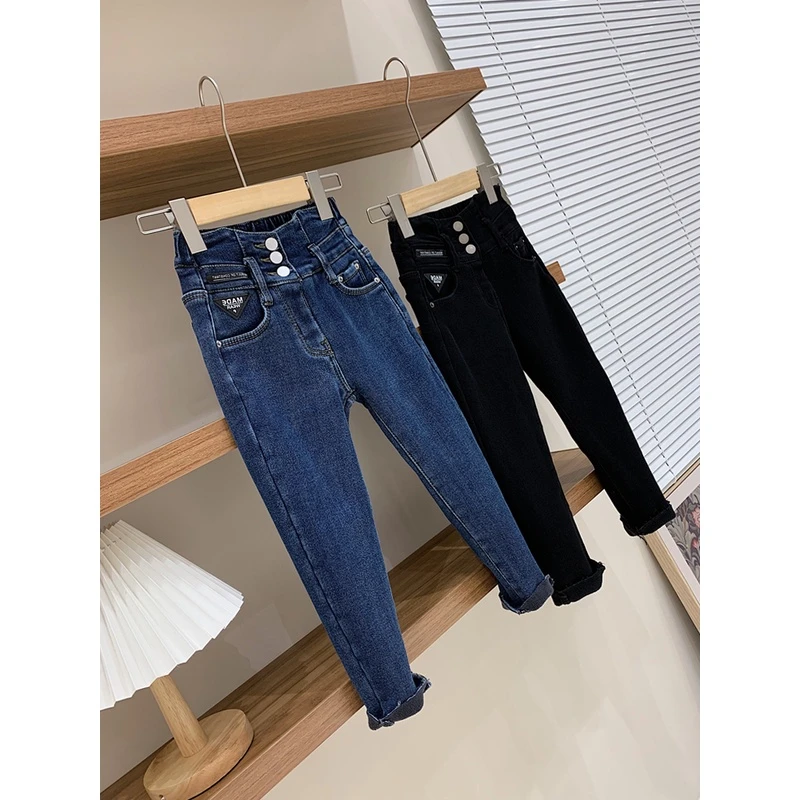 女童修身牛仔裤2025春秋新款休闲长裤中大童高腰小脚裤加绒铅笔裤