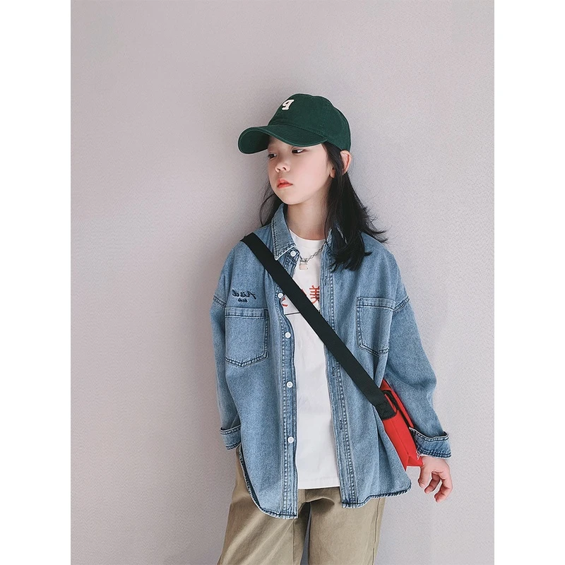 女童纯色牛仔衬衫2024春秋新款儿童内搭长袖上衣女孩复古洋气外套