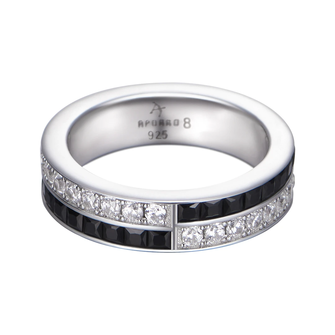 APORRO 铜合金锆石戒指 黑白满钻925银戒指 情侣款质感520送礼