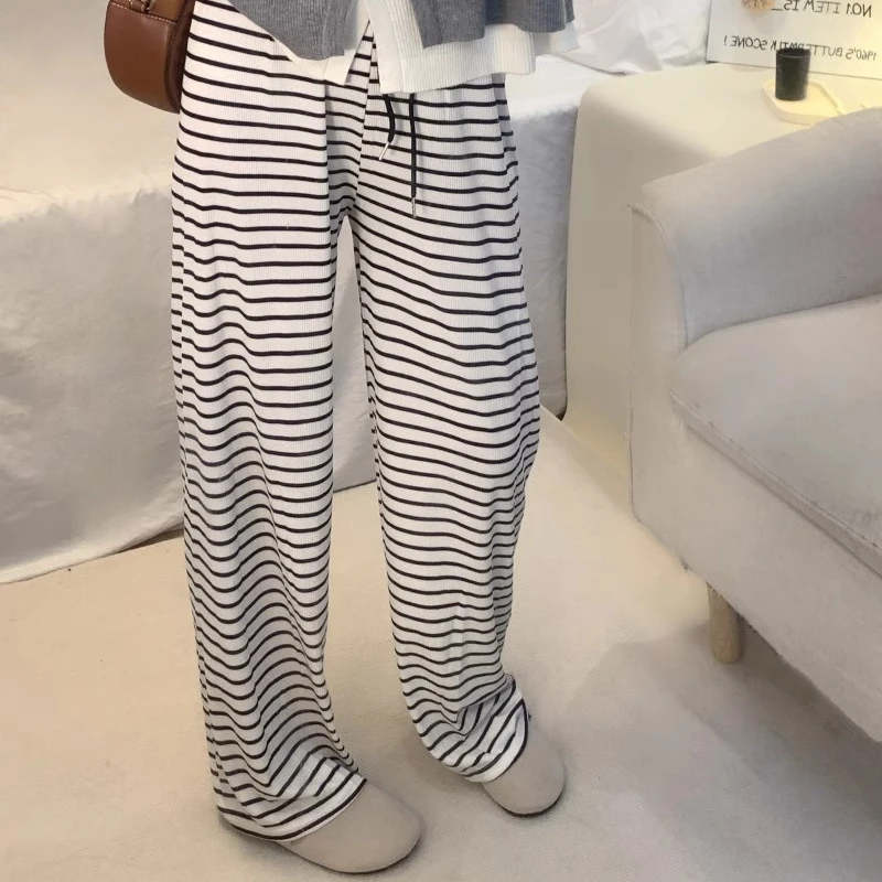 冰丝条纹阔腿裤宽松显瘦高腰百搭横条纹阔腿裤慵懒风拖地裤薄款