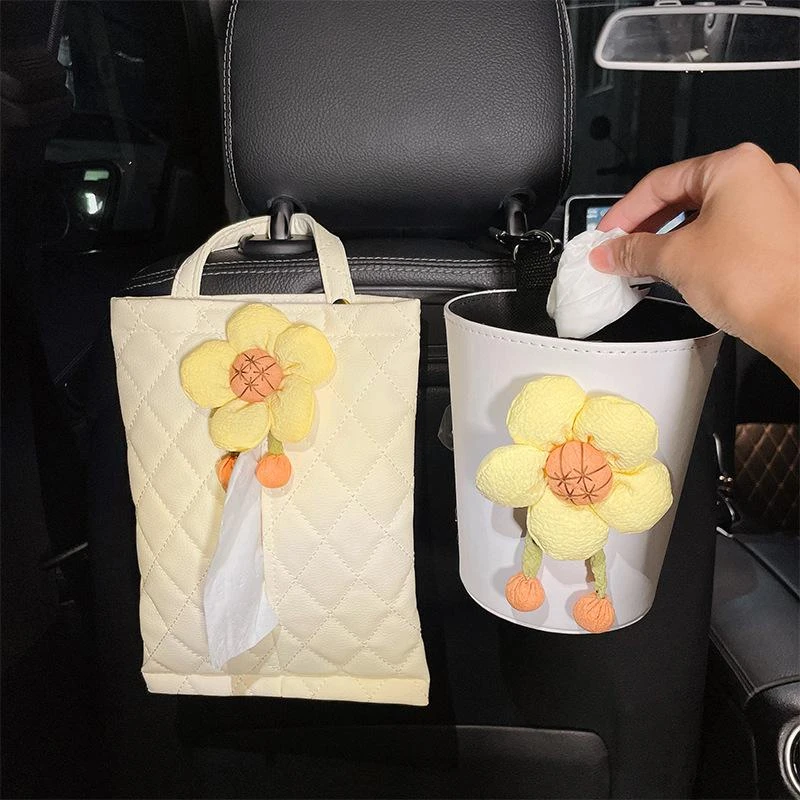 车载纸巾盒卡通向日葵车用椅背挂式抽纸盒汽车垃圾桶收纳置物箱女
