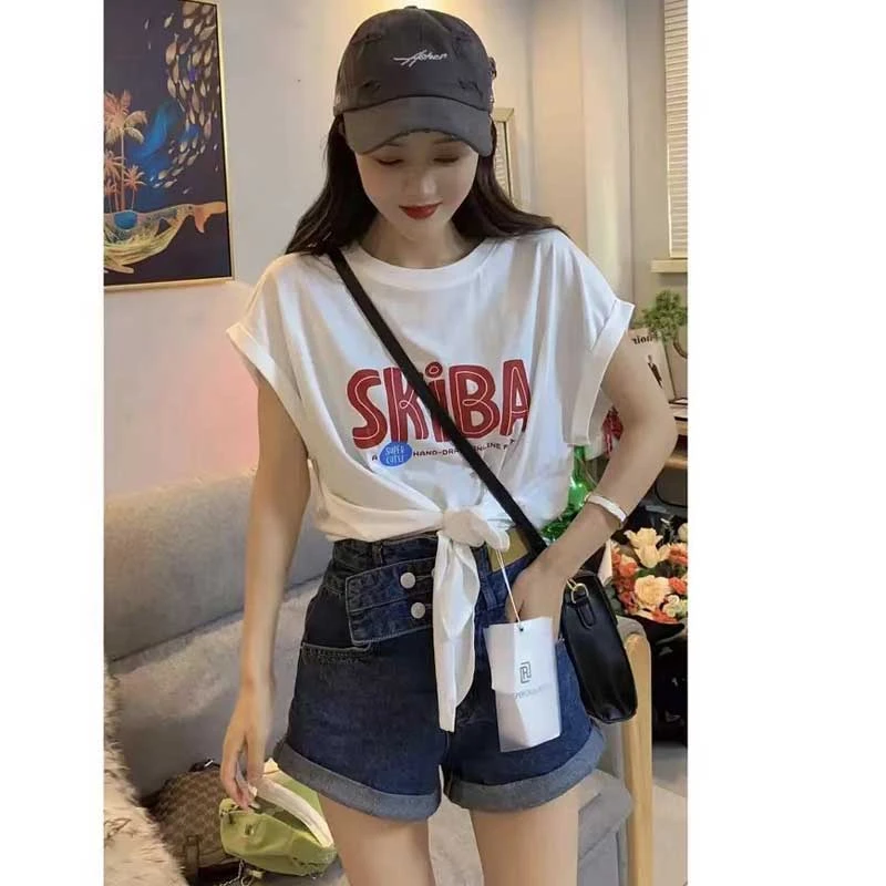 设计感小众个性不规则字母印花时尚百搭短款背心t恤+高腰牛仔短裤