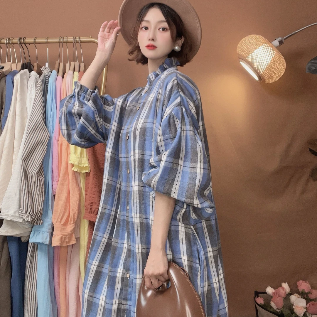【喜柚自制】 奈何冬时 复古百搭格子韩版蓝色春夏长袖女装连衣裙