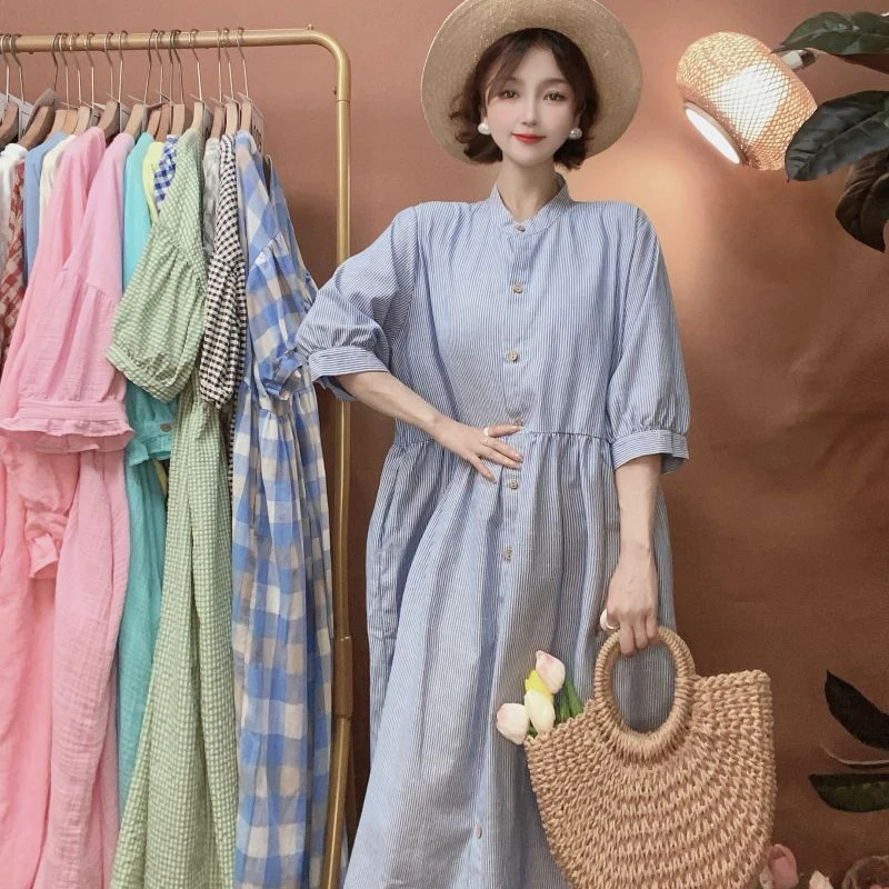 【喜柚自制】南法假日 收腰条纹夏季长款显瘦气质宽松女装连衣裙