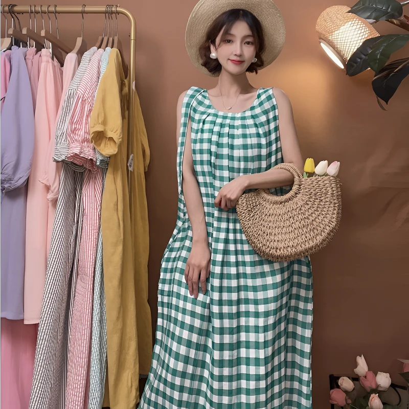 【喜柚自制】海盐苏打水 复古法式格子小清新夏季显瘦宽松连衣裙2