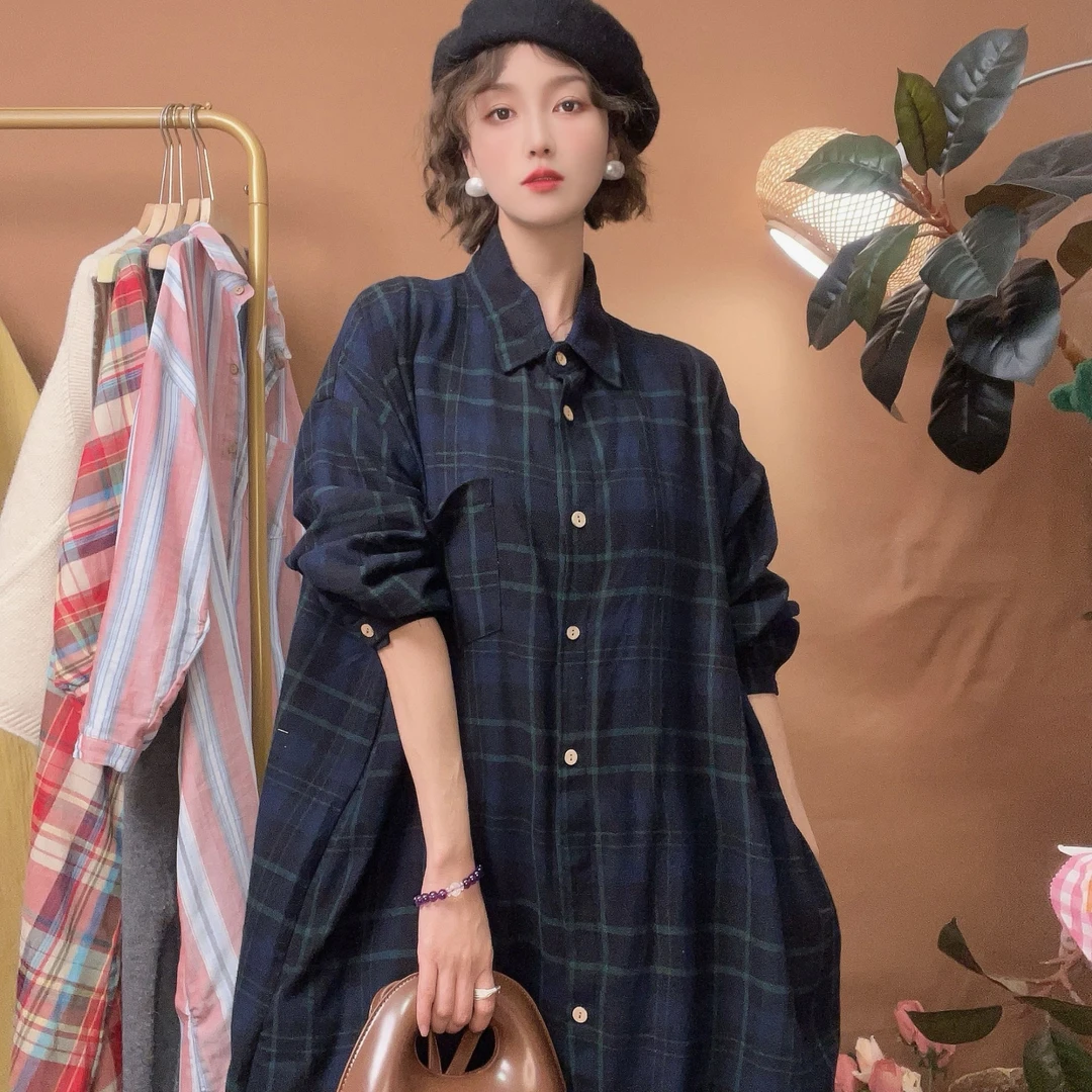 【喜柚自制】曼城旧事韩版复古秋季格子宽松长袖中长款气质连衣裙