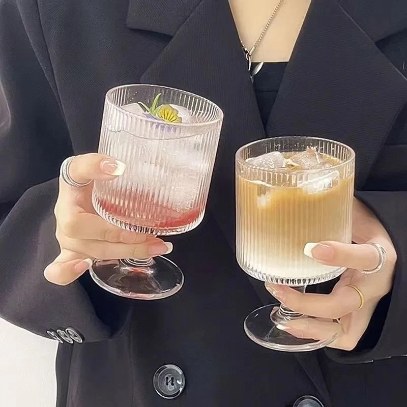 家用网红竖纹玻璃杯复古透明条纹喝水杯杯子ins冷饮杯果汁杯子